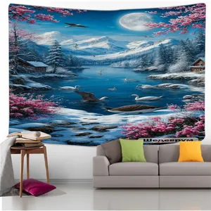 Detail of winter landscape tapestry featuring snow mountains and a pink cherry tree blossom