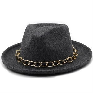 Dark grey wool fedora hat with gold metal chain accent for women's autumn winter fashion