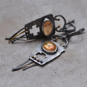 Vintage champagne opal earrings with hollow cross design and metallic tassels