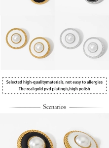 Detailed macro view of vintage round pearl earrings with metallic woven textures and enamel
