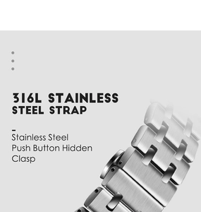 Detail of 316L stainless steel watch strap with a push button hidden clasp