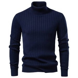 Close-up of navy blue turtleneck sweater featuring premium ribbed knit texture and slim fit