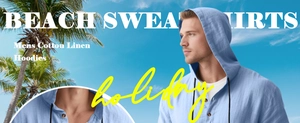 Men's light blue cotton linen hoodie displayed on a tropical beach background for holidays