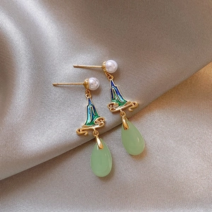 Detail view of New Chinese style pearl earrings with landscape enamel on silk background