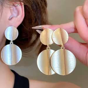Brushed Alloy Double Circle Drop Earrings With 925 Sterling Silver Earring Post Geometric Minimalist Jewelry For Women