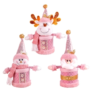 Pink Christmas plush candy jars set with reindeer, snowman and Santa Claus figures