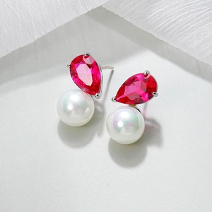 Elegant silver earrings with red teardrop zircon and round white pearl studs