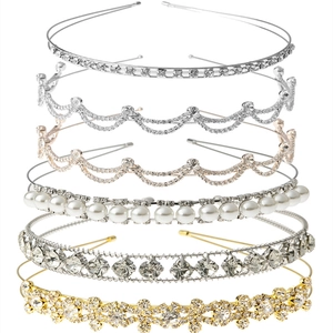 Set of six gold and silver thin headbands featuring sparkling rhinestones and elegant pearls