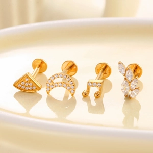 Titanium moon and triangle gold studs set with sparkling rhinestones for piercings