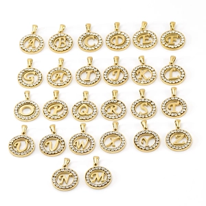 Detailed display of 26 round 18K gold stainless steel letter pendants with crystal border