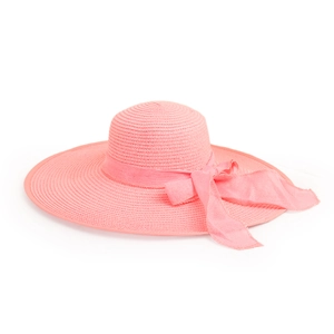 Close-up of pink wide brim straw hat featuring a matching chiffon ribbon bow detail