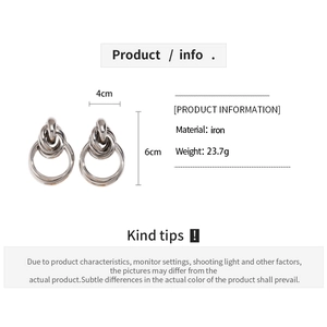 Silver multi-loop knot earrings detail with 6cm height and 4cm width specifications