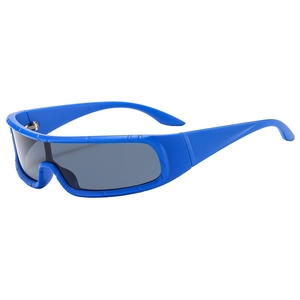 Blue wrap-around sports sunglasses with grey lenses and futuristic punk design for cycling