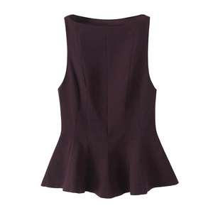 Sleeveless deep purple peplum top with slim fit design and flared ruffled hem on white background