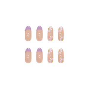 Purple floral ballet style press-on nails with daisy patterns and glossy french tips