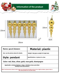 Detail showing 6-pack golden plastic gourd Christmas ornaments with dimension chart