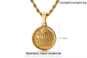 Detail of gold rope chain necklace with crown round pendant weighing 5g and 18mm height