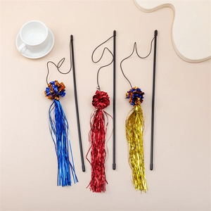 Interactive cat teaser wands with colorful metallic tassels, bells and elastic strings