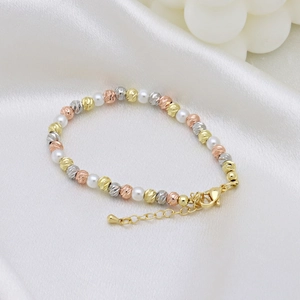 Three-tone faceted metal beads and pearl strand bracelet with adjustable lobster clasp