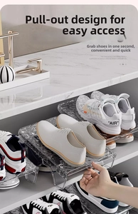 Detail view of transparent pull-out shoe rack with water ripple texture for space saving