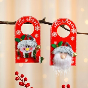 Christmas door hanger featuring Santa and Snowman with Feliz Navidad greeting on red board