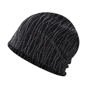 Women's black knitted beanie with sparkling silver metallic thread and wavy pattern