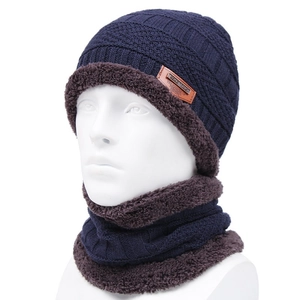 Navy blue winter knitted hat and neck warmer set with warm thick fleece lining for women