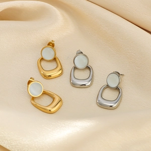 Minimalist 18K gold and silver plated stainless steel earrings with opal stone pendants