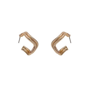 Minimalist geometric wave square gold stud earrings for women with metallic glossy finish