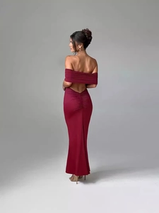 Elegant wine red off-shoulder backless dress with ruched detail and slim fit design