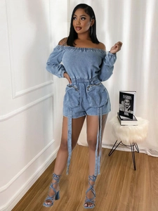 Sexy off-the-shoulder denim romper for women with elastic waist and cargo pockets