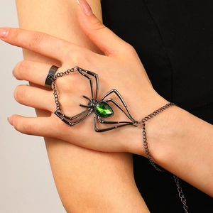 Gothic spider hand chain with green crystal and ring in gun-black metal for Halloween