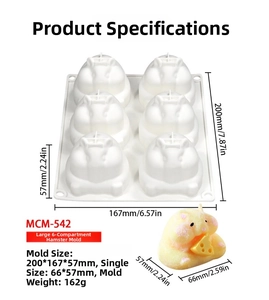 Detailed view of a 6-cavity hamster silicone mold with precise dimensions and sample product