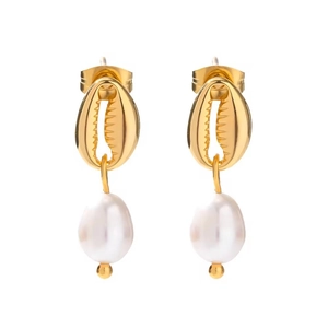 18k gold plated stainless steel ginkgo leaf earrings with white freshwater pearls