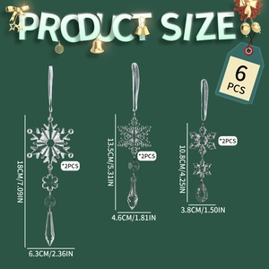 6PCS clear acrylic Christmas snowflake ornaments with detailed size chart for tree decor