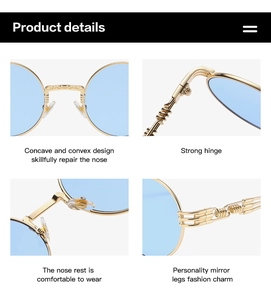 Detailed views of steampunk round metal sunglasses with blue lenses and textured nose bridge