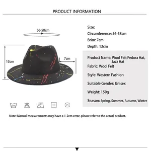 Chapeau fedora en feutre avec motif éclaboussures de peinture et guide des tailles