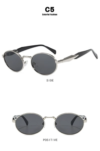 Front and side views of silver oval metal sunglasses with dark polarized lenses