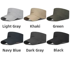 Detail showing flat top army caps in six colors with 3D sports embroidery and quick-dry fabric