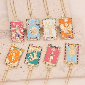 Vintage Tarot Card Pendant Necklace Copper Colorful Enamel Zircon Rectangular Gold Plated Jewelry For Women Men