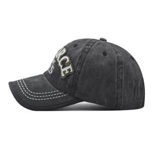 Detail of retro washed cotton baseball cap with FORCE GOODS embroidery and white stitching