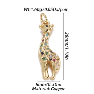 Detail showing dimensions of a gold giraffe pendant with colored gemstones and copper base