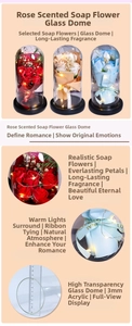 Close-up of soap rose bouquet in 3mm thick glass dome with LED lights and ribbon detail