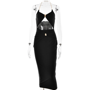 Sultry black halter midi dress with cut-out waist and gold metal hardware details