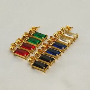 Detail of rectangular zircon earrings in five colors with 18K gold plated settings
