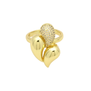 Detailed close-up of golden crossover ring featuring heart accents and pavé set zircons