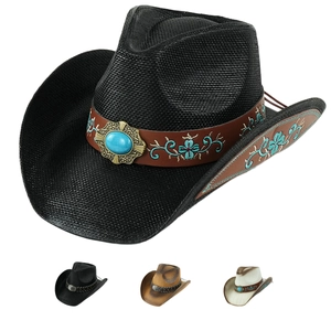 Cappello da cowboy occidentale intrecciato con fascia in pelle turchese e ricami floreali