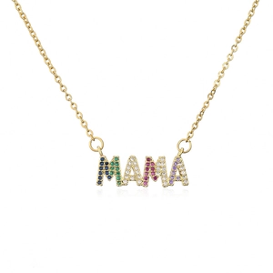 18K gold plated MAMA necklace featuring vibrant colorful zircon gemstones on white background