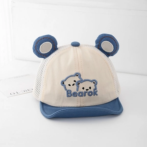 Detail of baby summer mesh cap with cute bear ears and embroidered Bearok design