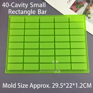 Detail view of 40-cavity green silicone mold showing 5x2cm rectangular slot dimensions